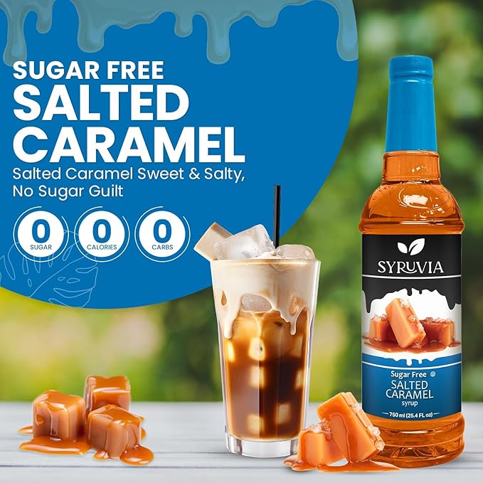 Syruvia Sugar Free Coffee Syrup, Salted Caramel Flavored Syrup for Drinks, Lattes, and Desserts – 25.4 fl oz,
