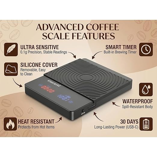 Coffee Scale with Timer – Fast, Stable 0.1g Accuracy, Auto & Manual Timing, Water-Resistant Digital Scale for Pour Over & Espresso
