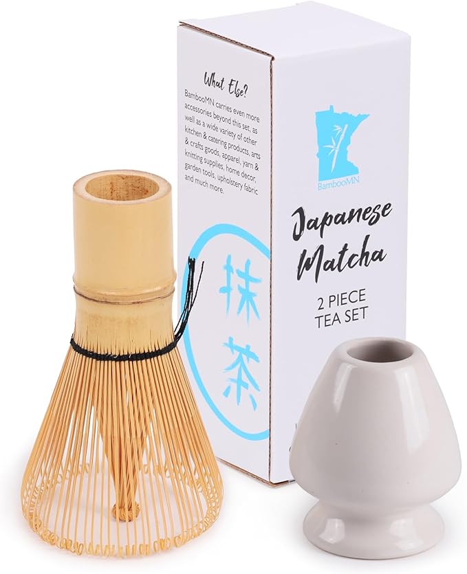 Matcha Tea Bamboo Whisk And Ceramic Rest 2 Piece Set - White Holder - 1 Set