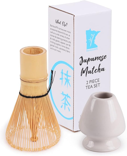 Matcha Tea Bamboo Whisk And Ceramic Rest 2 Piece Set - White Holder - 1 Set