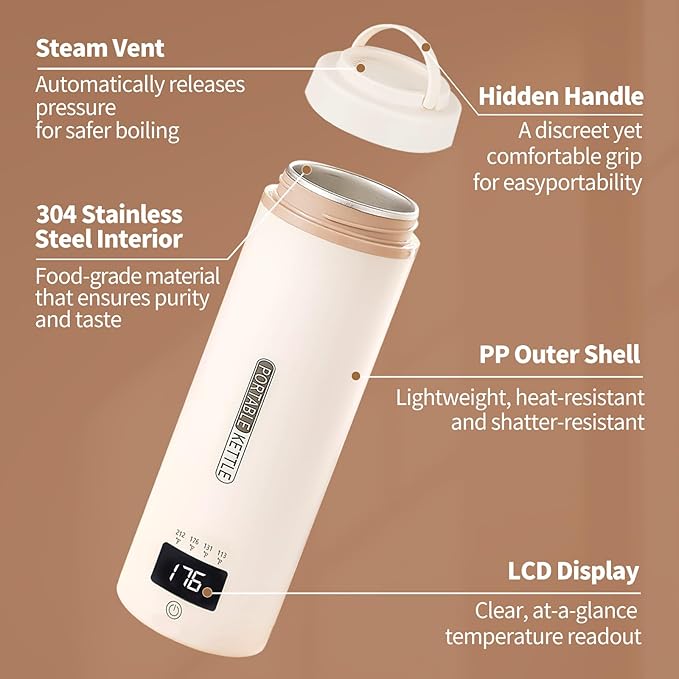 Travel Kettle, Portable Electric Kettle with 4 Temperature Controls, 304 Stainless Steel with Auto Shut-off & Leak Proof, Beige (120V)