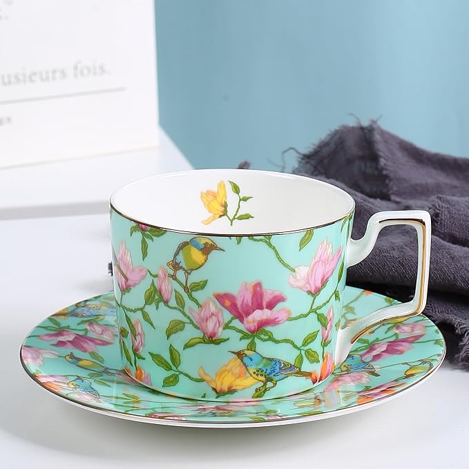 Vintage 8 Ounces Teacup and Saucers Set Floral Tea Cups Set Bone China TeaCups Coffee Tea Cup for Tea Party Women Mom (Green)