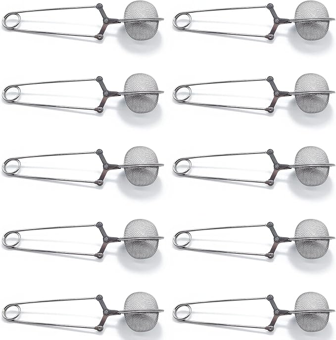 TIHOOD 10PCS Snap Tea Infuser,Stainless Steel Mesh Ball Tea Strainer with Handle for Loose Tea Leaf Pincer Tea Ball Tea Filter Tong