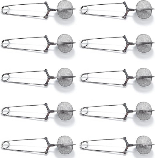 TIHOOD 10PCS Snap Tea Infuser,Stainless Steel Mesh Ball Tea Strainer with Handle for Loose Tea Leaf Pincer Tea Ball Tea Filter Tong