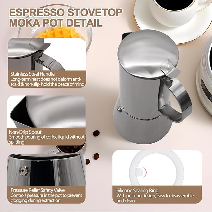 Uncoated 2 Cup Moka Pot 304 Thickened Stainless Steel Coffee Maker Stovetop Espresso Coffeemaker Italian Classic Style Brewing Greca Cafe Mocha Machine for Cafeteras Camping Travel Home 100ml 3.3oz