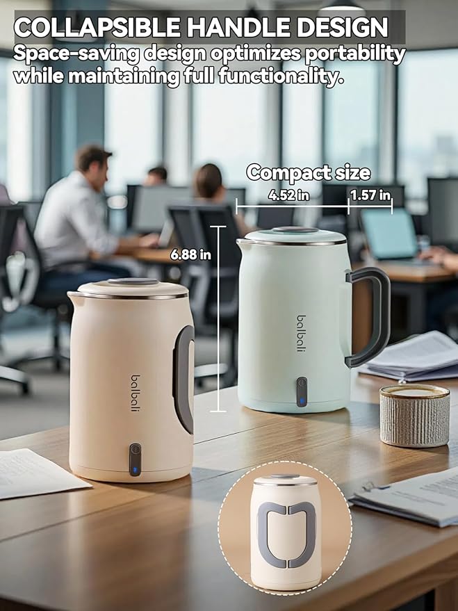 balbali 20oz Small Electric Kettle for Boiling Water - Collapsible Handle Mini Electric Kettle/Boiler for Tea - 400w Low Wattage Portable Kettle for Travel – White