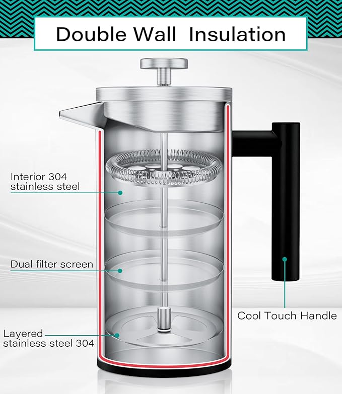Coffee Gator 304 Grade Stainless Steel French Press Coffee Maker 34 oz, Double Wall Insulated Hot Cold Brew Teapot with 4-Level Filtration System, Include Travel Jar Canister, Rust-Free, Travel, Black