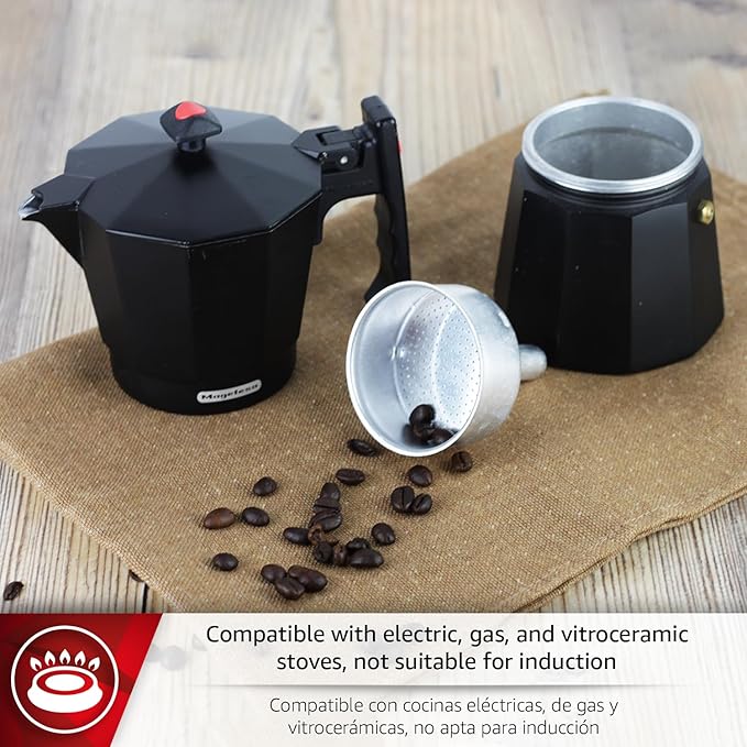 Magefesa Colombia Noir Stovetop Espresso Moka Pot, 3-Cup/5 oz, Italian Coffee Maker for Cuban Coffee, Extra-Thick Aluminum, Heat-Resistant Handle, Safe & Easy-to-Use, Greca Coffee Maker