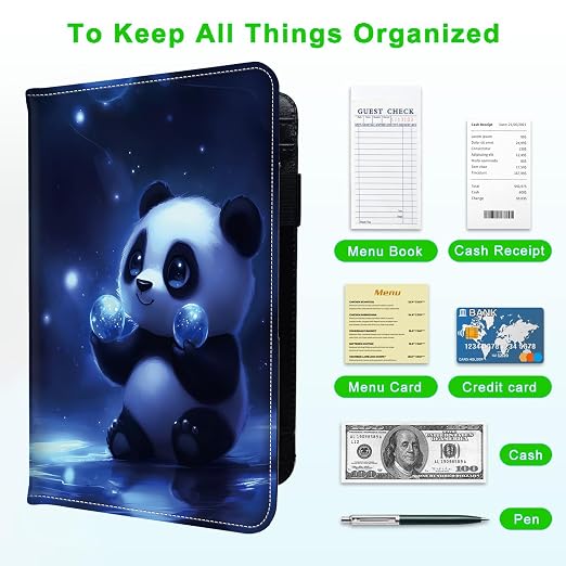 Server Books for Waitress, with 7 Large Pockets, Waiter Serving Book, Waitstaff Server Order Pads, Cute PU Leather Server Book with Pen Holder Fit Server Apron,Panda with Orbs - Image 5
