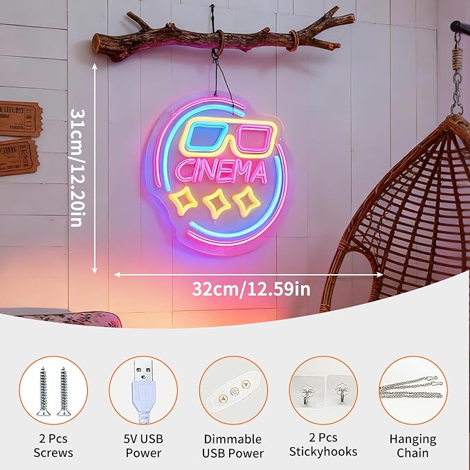Cinema LED Neon Sign, USB Powered Decorative Neon Light for Cinema Home Theater Party Living Room Wall Table Movie Theme Decor 12.2 x 12.6 In - Image 3