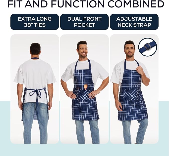 Will Well 2 Pack Bib Apron For Men & Women with 2 Pockets - Navy Checkered | Unisex 33'' x 27'' Oil & Water Resistant Soft Kitchen Chef Apron with Adjustable Neck Strap & 38'' Waist Ties for Snug Fit - Image 3