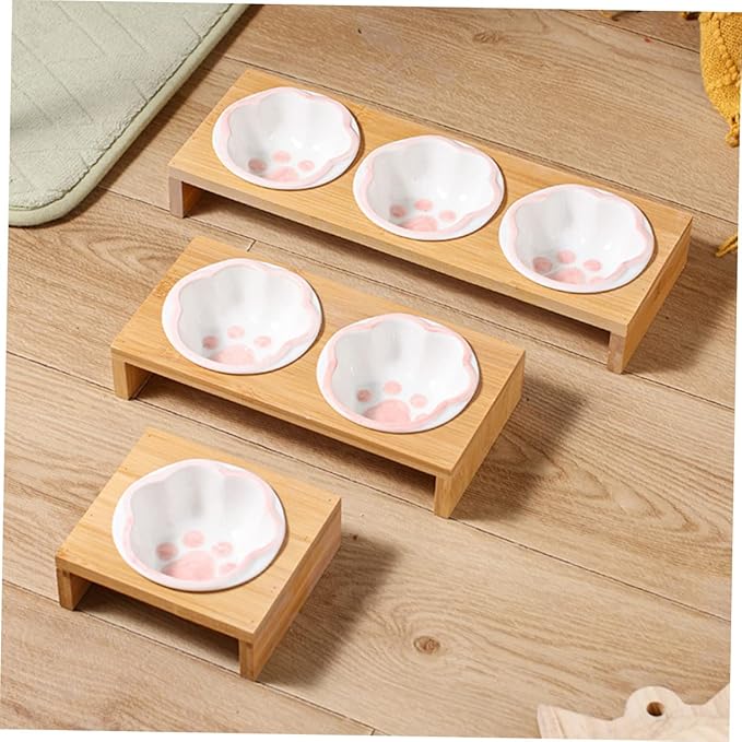 Whisker Friendly Cat Bowl Elevated Ceramic Pet Bowl Bamboo Rack Cat Food Indoor Dishes