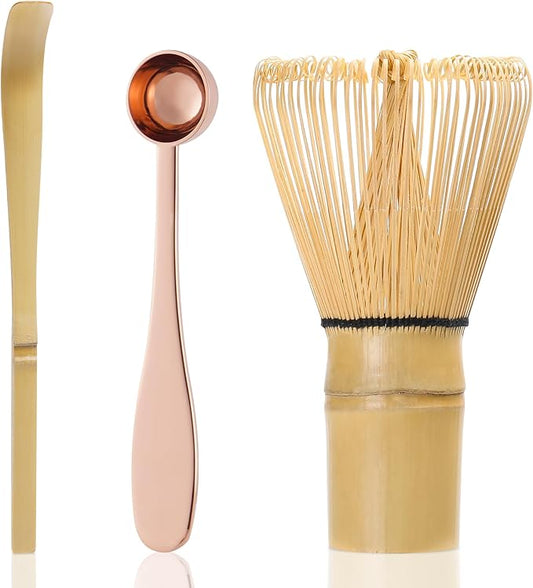 Modern Matcha Whisk Set - Bamboo Chasen - Rose Golden Stainless Steel Spoon - Bamboo Chashaku (Scoop) - Perfect Matcha Kit for Matcha at home (Whisk and stainless steel spoons and chashaku)