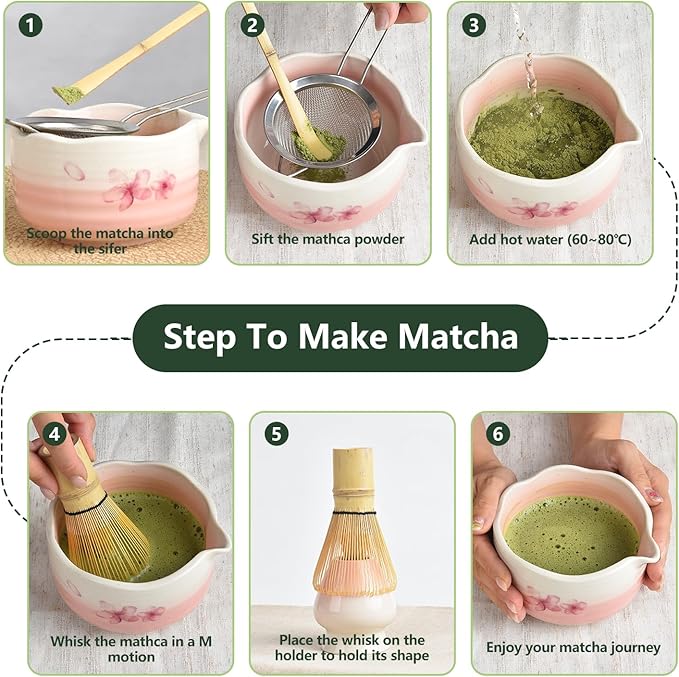 7PCS Matcha Whisk Set, Sakura Cherry Bloosm Matcha Kit Gift for Women Birthdays Mom Girls Kids and Matcha Tea Lover, with Bamboo Whisk, Holder, Bowl, Scoop, Sifter, Towel, and Elegant box
