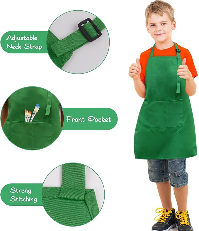 SINLAND Kids Aprons with Large Pocket 2 Pack | Adjustable Cooking Chef Aprons,Stain Resistant Toddler Apron for Baking Painting Gardening Boys Girls - Image 2