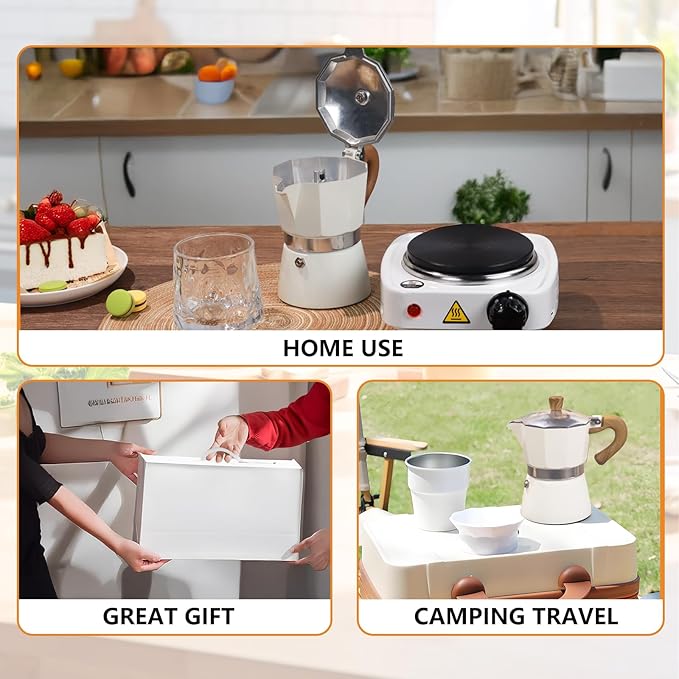2-in-1 Aluminum Moka Pot Set with Electric Stove Classic Stovetop Espresso Coffee Maker 150ml 5oz Mocha Express Portable Camping Travel Preferred Cafe Makers Italian Cuban Café Brewing 3 Cup