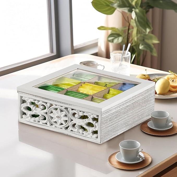 Tea Bag Organizer Wooden Tea Box for Tea Bags, Tea Organizer 9 Compartments Tea Chest Storage Box with Clear Lid, Tea Bag Holder Tea Caddy for Tea Coffee Sugar, Home Kitchen Office, White