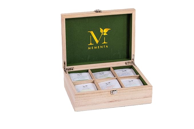 Mementa Inc Organic Wooden Tea Chest - 60 Tea Bags Individually Wrapped : Assorted Tea Variety Pack containing Black, Green, and Herbal caffeine-free teas : Tea Sampler Tea Set