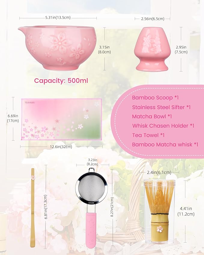 Matcha Whisk Set, 6pcs Matcha Kit Includes Matcha Bowl with Spout, Bamboo Whisk & Scoop with Cute Charm, Chasen Holder, Innovative Sifter, Tea Mat for Latte Making, Pink
