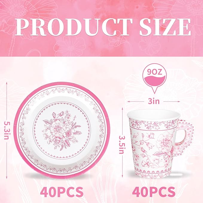 Whaline 80 Pcs Pink White Floral Paper Tea Cups and Saucers Porcelain Chinoiserie Flower 9oz Disposable 40 Teacups with Handle and 40 Dessert Plates for Wedding Baby Shower Birthday Spring Tea Party