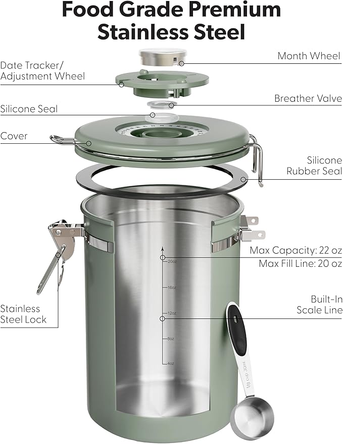 Veken Coffee Canister with Window, Easter Gifts Airtight Stainless Steel Container with Lids, Home Kitchen Food Storage Jars for Grounds, Beans, Tea, Flour, Cereal, Sugar, Basket, Scoop, 22OZ, Green