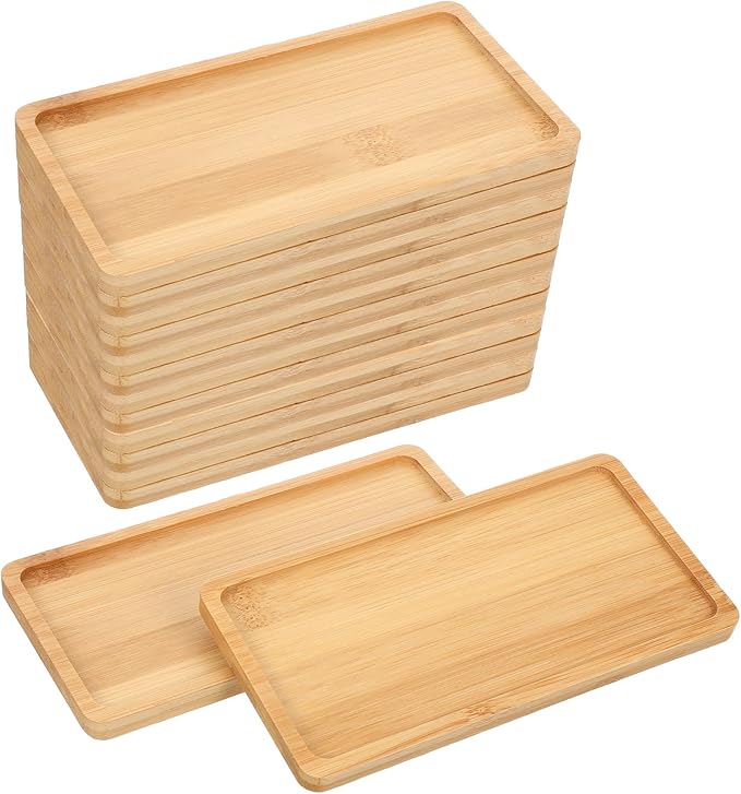 16 PCS Small Bamboo Tray, Bamboo Vanity Tray for Bathroom, Kitchen, Serving - Natural Rectangular Serving Trays for Perfume, Plants, Food - 6.9 x 3.5 x 0.4 Inches