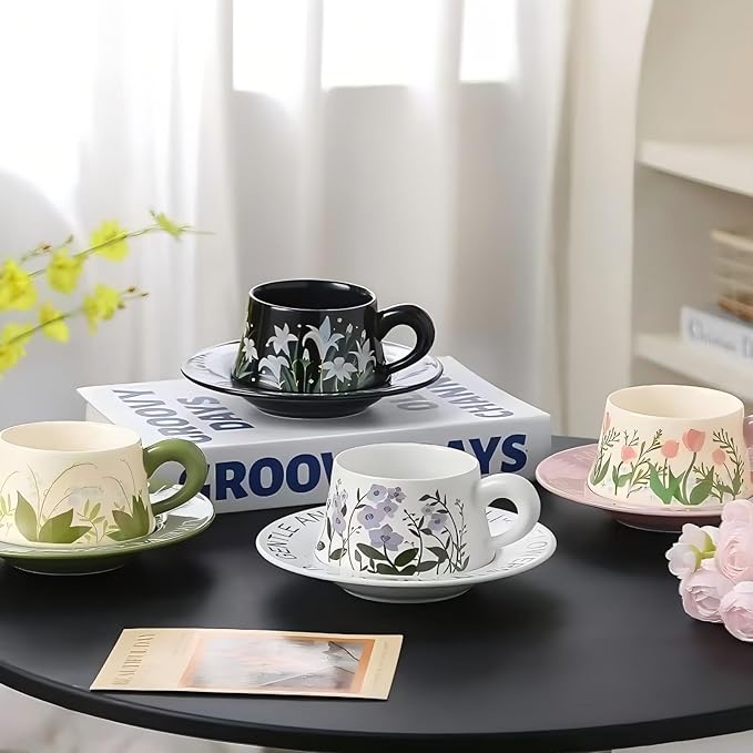 Cute Ceramic Coffee Mug and Saucer Set for Women, Spring Floral Embossed Design, 9.5oz/280ml, Perfect for Home, Office & Holiday Gifts (Black Lily)