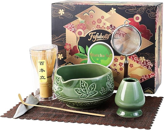7 Pcs Matcha Whisk Set, Ceremony Matcha Kit with Matcha Bowl, Bamboo Whisk and Holder, Scoop and Scoop Rest, Sifter and Tea Towel, Gift for Matcha Lovers (Green/Maple Leaf-Patterned)