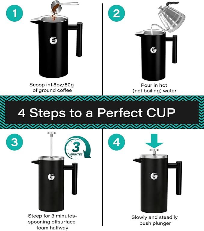 Coffee Gator 304 Grade Stainless Steel French Press Coffee Maker 34 oz, Double Wall Insulated Hot Cold Brew Teapot with 4-Level Filtration System, Include Travel Jar Canister, Rust-Free, Travel, Black