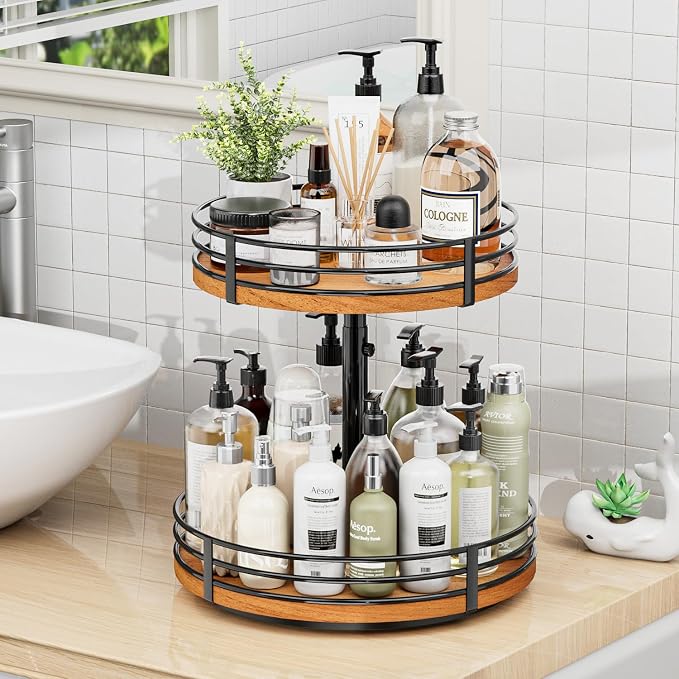 Lazy Susan Turntable Organizer Adjustable - 2 Tier Wood Rotating Spice Rack 12 Inch Lazy Susan for Kitchen Countertop Cabinet Pantry Cupboard Dining Table Bathroom Coffee Bar Home Storage - Image 6