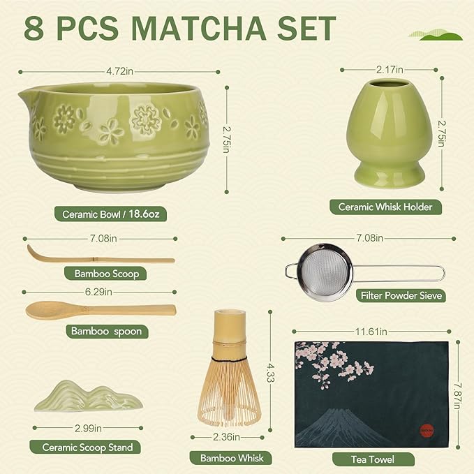 Matcha Whisk Set, Ceramic Bowl with Spout, Bamboo Matcha Whisk & Spoon, Chasen Holder, Scoop Rest, Sifter, 8-Pcs Japanese Ceremony Matcha Powder Kit–Valentine's Day Gift for Women-Matcha Green