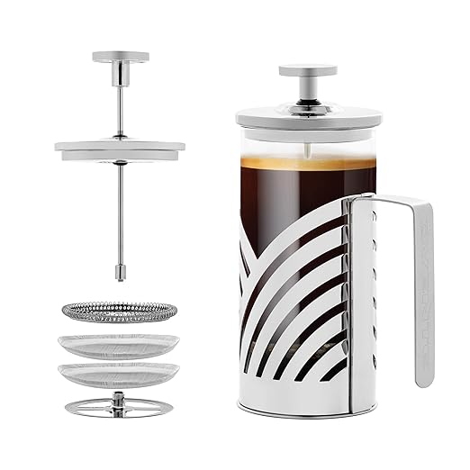 OVENTE French Press Coffee Maker 12 Ounce with Heat Resistant Borosilicate Glass, Stainless Steel Design and 4-Level Filter System, Portable Cold Brewer Pot for Travel, Camping or Gift, Silver FSD12P