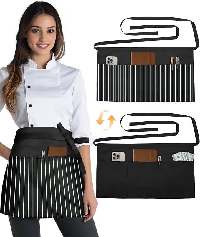 Slohif Reversible Server Apron 6 Pockets - Waist Apron for Waitress Women Half Serving Short Apron for Waiter by Slohif