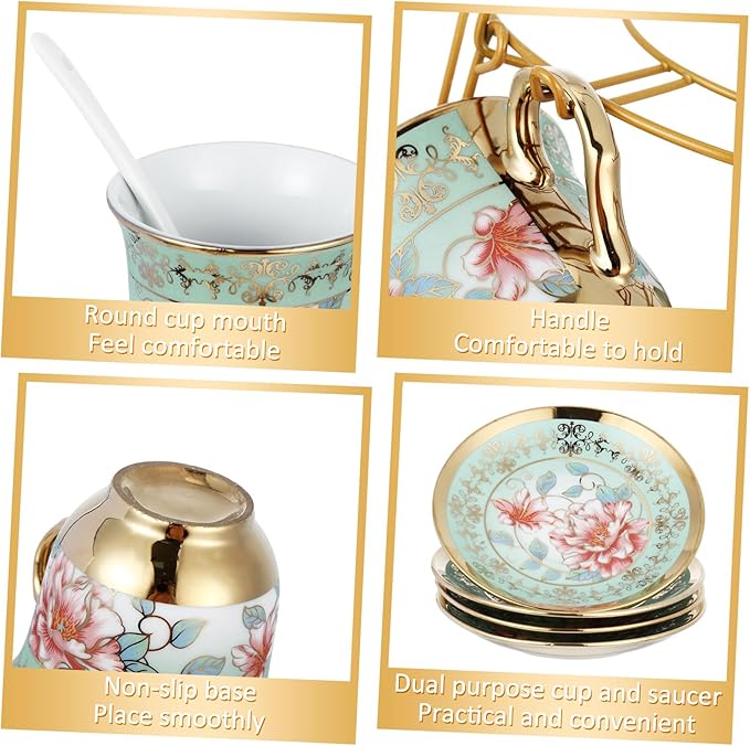 Zhehao 20 Pcs Porcelain Tea Set with Metal Holder and Spoon Adult Ceramic Tea Set European Flower Painting Teapot Cup Saucer Spoon for Women, Large Version (Fresh Style)