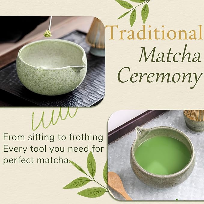 8 Pcs Matcha Whisk Set Chasen Matcha Whisk Bamboo Bowl with Spout Sifter Spoon Scoop Whisk Holder Bamboo Mat Complete Matcha Making Kit (9pcs-green)