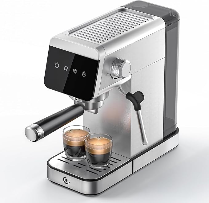 AMZCHEF Espresso Coffee Machine | Compact Design Espresso Maker Perfect for Home & Office | 20 Bar Pressure System | LED Touch Panel | Detachable Water Tank | Brushed Stainless Steel Housing