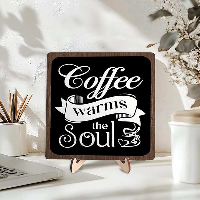 Coffee Bar Sign Plaque, Vintage Café Decor for Kitchen, Rustic Farmhouse Cafe Accessories, Themed Wall Sign for Home - Coffee Warms the Soul - Gift Idea (Black&Brown4, 5.9x5.9inches)