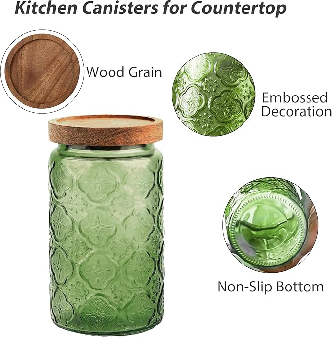 Glass Jar with Lid, Vintage Glass Storage Jars with Airtight Lid Coffee Canister Sugar Container for Kitchen Counter Pantry, Spice, Candy, Coffee Beans, Tea, Oats (34FL OZ Begonia Green)