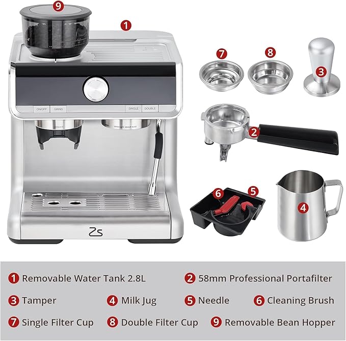 Stainless Steel Espresso Maker with Milk Frother - Coffee Machine 20 Bar Pressure, 2.8L Water Tank, Barista Kit, for Latte, Cappuccino, and Macchiato,Silver
