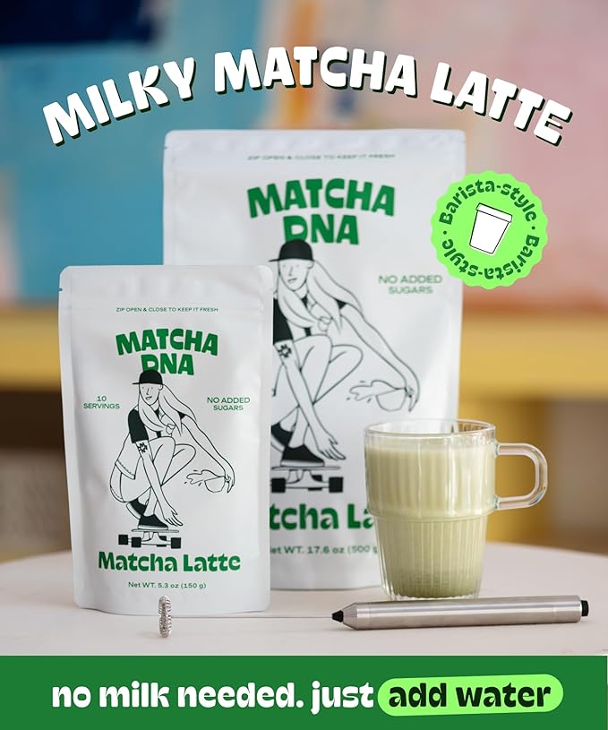 MatchaDNA Matcha Latte – Sweet Matcha Latte Powder with Milk, No Sugar Added – Green Tea Lattes Mix for Hot or Iced Drinks – Organic Macha Tea, Antioxidant Rich, Smooth Energy Boost (5.3 oz Pouch)