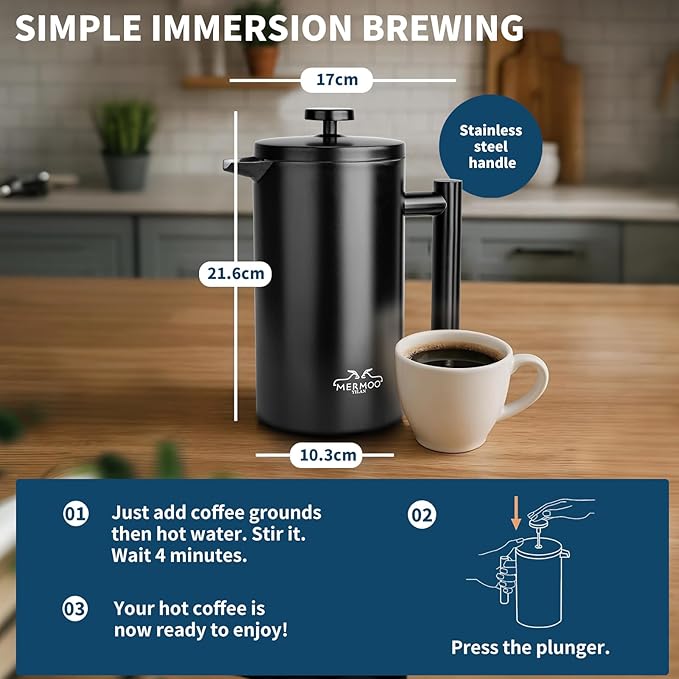 MERMOO YILAN French Press 34oz Insulated Stainless Steel Coffee Maker Unbreakable Coffee Press Easy to Clean for Home, Camping, Travel (Black)