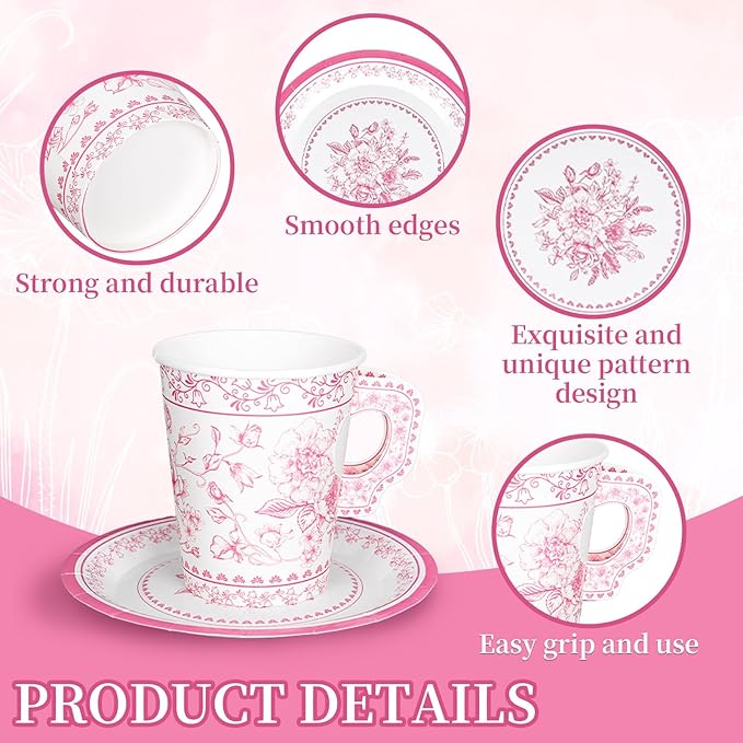 Whaline 80 Pcs Pink White Floral Paper Tea Cups and Saucers Porcelain Chinoiserie Flower 9oz Disposable 40 Teacups with Handle and 40 Dessert Plates for Wedding Baby Shower Birthday Spring Tea Party