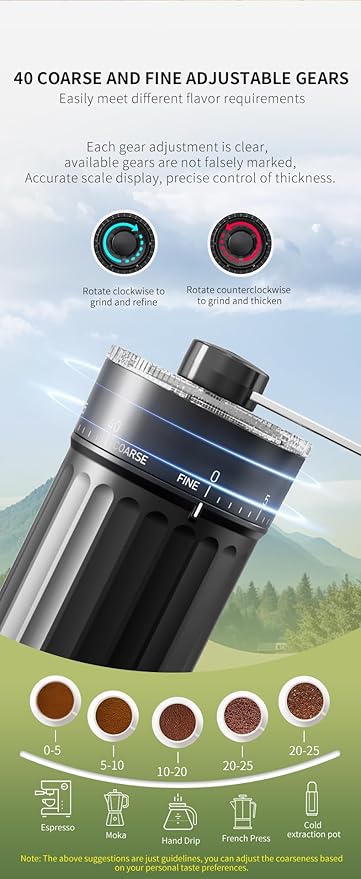 OrkeyDolk®External Adjustable Manual Coffee Grinder, with High Precision Ceramic Contemporary Conical Burr, 40-Grade Adjustable Settings, for Aeropress, Espresso, Pour Over, French Press, Moka pots.