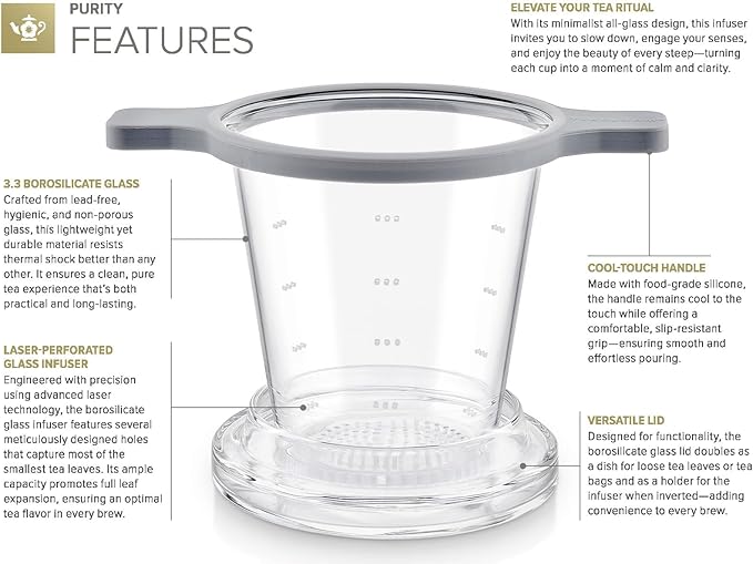 Teabloom Patent-Pending Purity Glass Tea Infuser with Lid – 3.3 Borosilicate, Laser-Perforated Filter, Universal Fit for Cups & Teapots, Toxin-Free Brewing for Whole-Leaf Tea