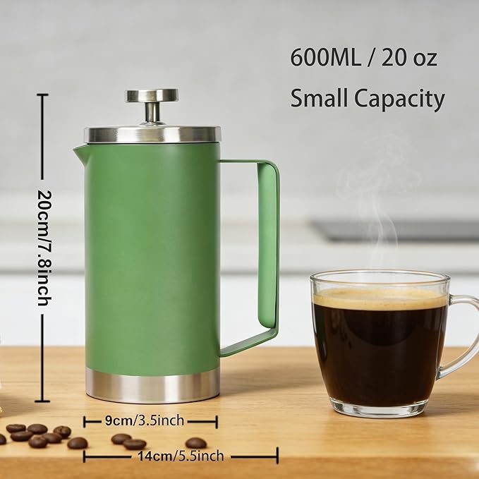 small French Press Coffee Maker 600ml, Double-Wall Insulated French Press Coffee Press Stainless Steel for travel camping, Silicone handle (2-4cup, 20 OZ) silver