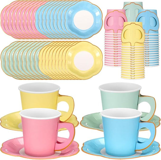 Umigy 60 Sets Pastel Tea Party Decorations Pastel Paper Tea Cups with Handle and Plates Disposable Teacups Saucers Sets with Tape for Hot Cold Drink Birthday (Blue Pink, 6.5 Oz)