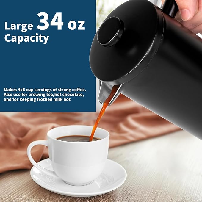 MERMOO YILAN French Press 34oz Insulated Stainless Steel Coffee Maker Unbreakable Coffee Press Easy to Clean for Home, Camping, Travel (Black)