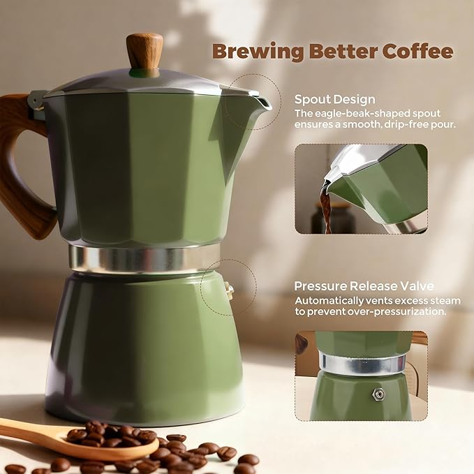 ShanSon Moka Pot Stovetop Espresso Maker 3 Cup 5 oz Italian Coffee Maker Manual Cuban Coffee Percolator Machine Italian Espresso Greca Coffee Maker for Cappuccino or Latte,Green