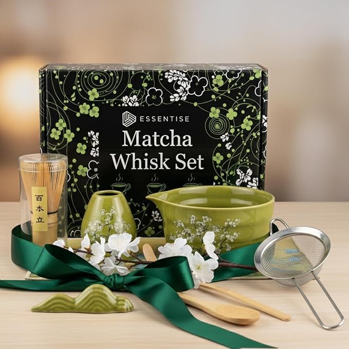 Matcha Whisk Set – 8-Piece Japanese Tea Ceremony Kit with Ceramic Bowl, Bamboo Chasen, Spoon Rest, Scoop, Sifter, Holder & Towel, Authentic Matcha Starter Set for Tea Lovers