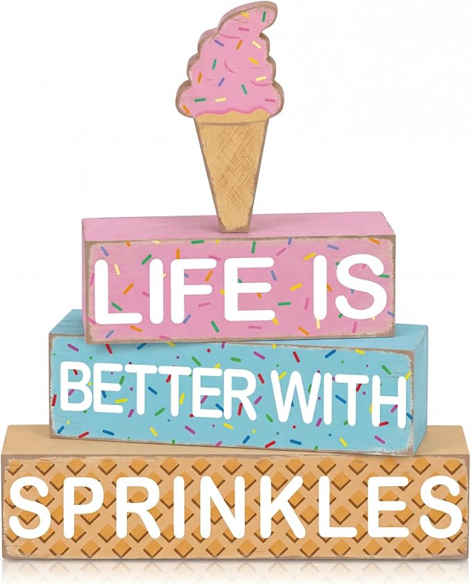 Geelin 4 Pieces Summer Ice Cream Table Wooden Decorations Ice Cream Wood Sign Centerpiece Home Decor Bar Party Decorations Blocks Tiered Tray Table Top Sign for Home